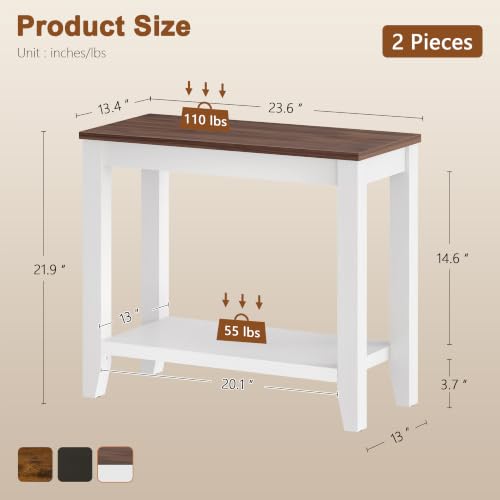Hoctieon 2-Tier Wooden End Table Set of 2 White + Walnut Compact Nightstands for Small Spaces