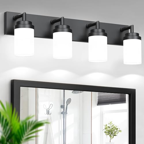 Matte Black Bathroom Light Fixtures Over Mirror - 4 Light White Glass Shade, Modern Vanity Lighting, Variation: Black-White Shade