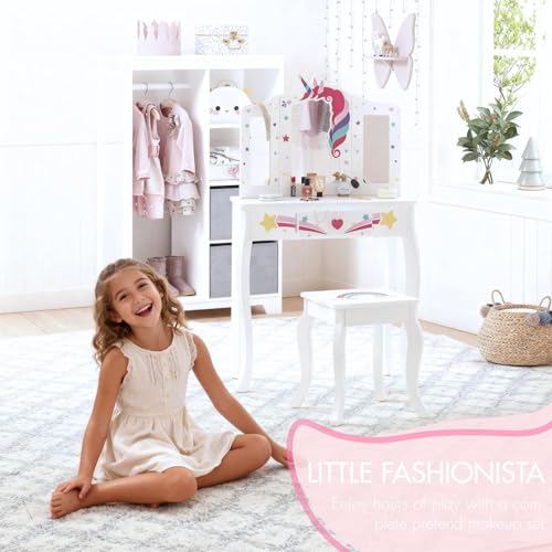 Kids Vanity Set with Unicorn and Rainbow Theme - Includes Mirror & Drawer - Gift for Girls