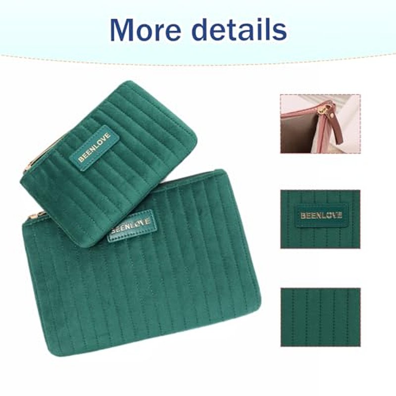 2 Pcs Small Makeup Bag Soft Velvet Cosmetic Bag Aesthetic Preppy Travel Toiletry Organizer Storage Pouch Perfect Valentine Gift for Women£¨Green£©