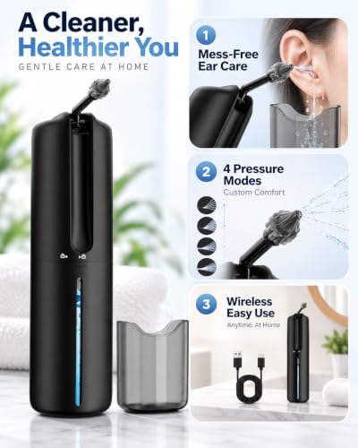 Electric Ear Wax Removal Kit Black, 4 Modes, 10 Nozzles, Waterproof