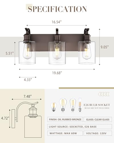 Oil Rubbed Bronze 3-Light Bathroom Vanity Light with Clear Glass Shades - 20 Inch, Modern Fixture