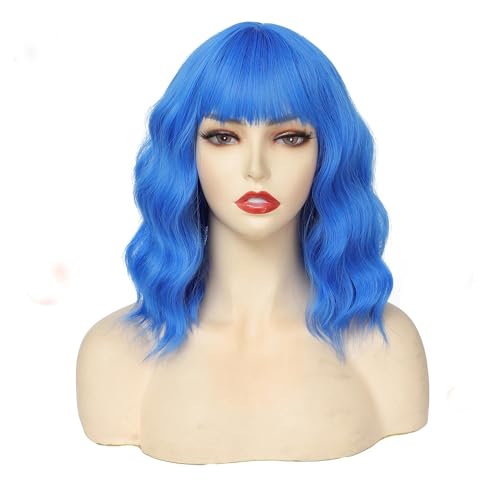 Light Blue Short Bob Wig with Bangs for Women - Wavy Synthetic Cosplay Hair