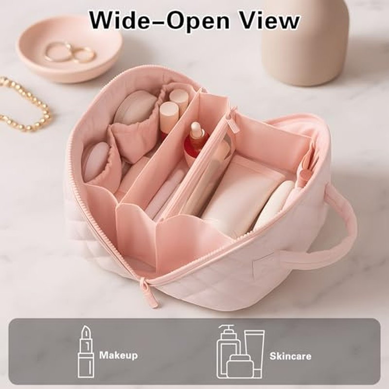 Makeup Bag Travel Toiletry Bag, Puffy Padded Make Up Bags for Women, Waterproof Cosmetic Organizer, Makeup Organizer Wide-open Pouch Purse, Travel Essentials for Toiletries Accessories Storage (White)