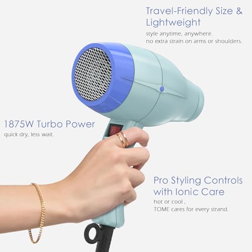 TOME 1875W Ionic Hair Dryer with Diffuser Set - Blue - 3 Attachments, Home Use