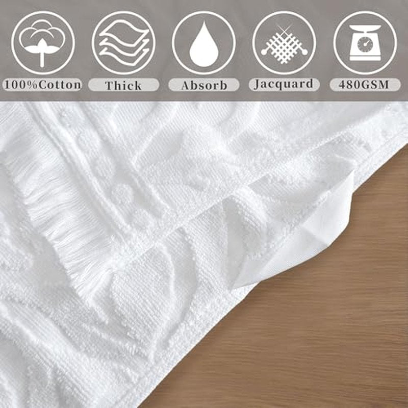 Luxury Jacquard Monstera Washcloths with Tassels, 4PC ? 100% Cotton Ultra-Absorbent & Quick Dry 13x13 Inch, Guest Bathroom & Facial Towels ? 520GSM Thick White Towel Set, Premium Bath Essentials