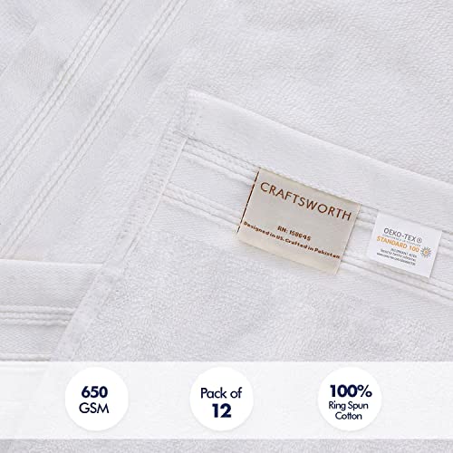 CRAFTSWORTH Cotton Washcloths Set (12x12 Inches,Pack of 12) -650 GSM 100% Ring Spun Cotton - Premium Quality Highly Absorbent and Soft Feel Face Cloth Fingertip Towels - White