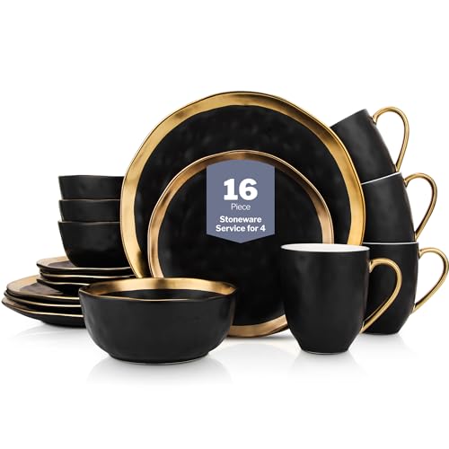 Stone Lain Florian 16-Piece Black Porcelain Dinnerware Set with Gold Rim for 4 - Modern & Elegant