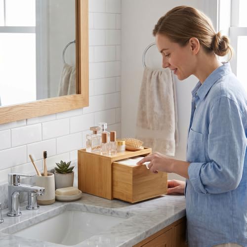 Bamboo Facial Tissue Holder with Drawer and Top Shelf for Bathroom Counter