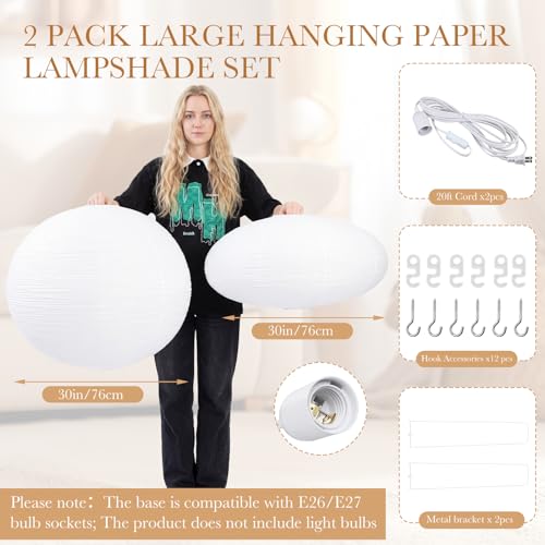 Large 30 Inch Hanging Paper Lanterns Set - Round & Oval White Lanterns with 20ft Cord & Hooks for Home Decor