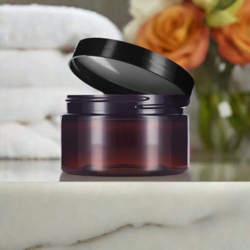 8 oz Amber PET Plastic Refillable Jar with Black Lid - Airtight Storage