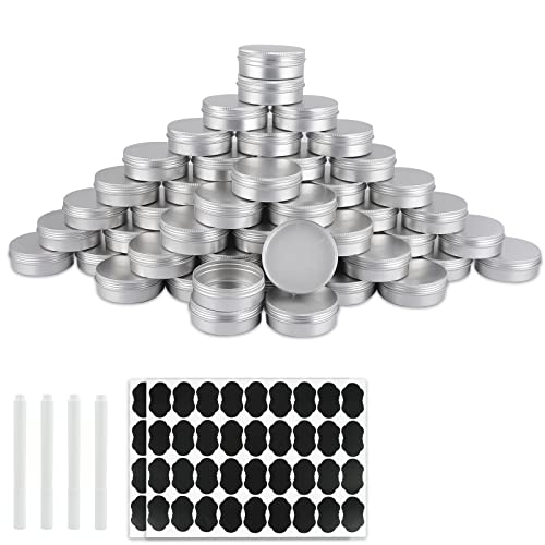 60 Pack Round Cans with Screw Lid 4 Oz Aluminum Metal Tins DIY Food Candle Containers for Lotion Bars, Balms, Salve, Spices, Beard Balm, Crafts with 4 Markers 2 Sheets Label Stickers