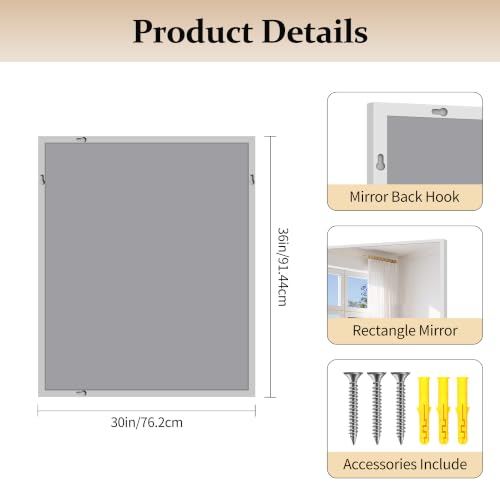 COFENY Silver Bathroom Mirror 36x30 Inch Rectangle Wall Mirror with Metal Frame, Modern Vanity for Bathroom & Entryway - Horizontal or Vertical Hanging