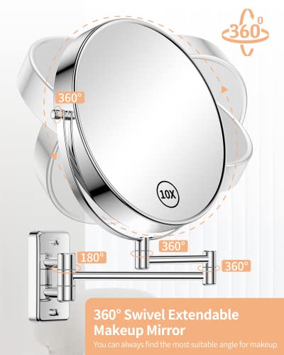 Wall-Mounted Makeup Mirror 9 Inch with 1X/10X Magnification - Silver, 13.5"L x 17.6"W