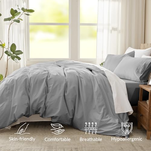 Queen Size Egyptian Cotton Duvet Cover Set - Grey, 90x90 Inches, Breathable & Durable