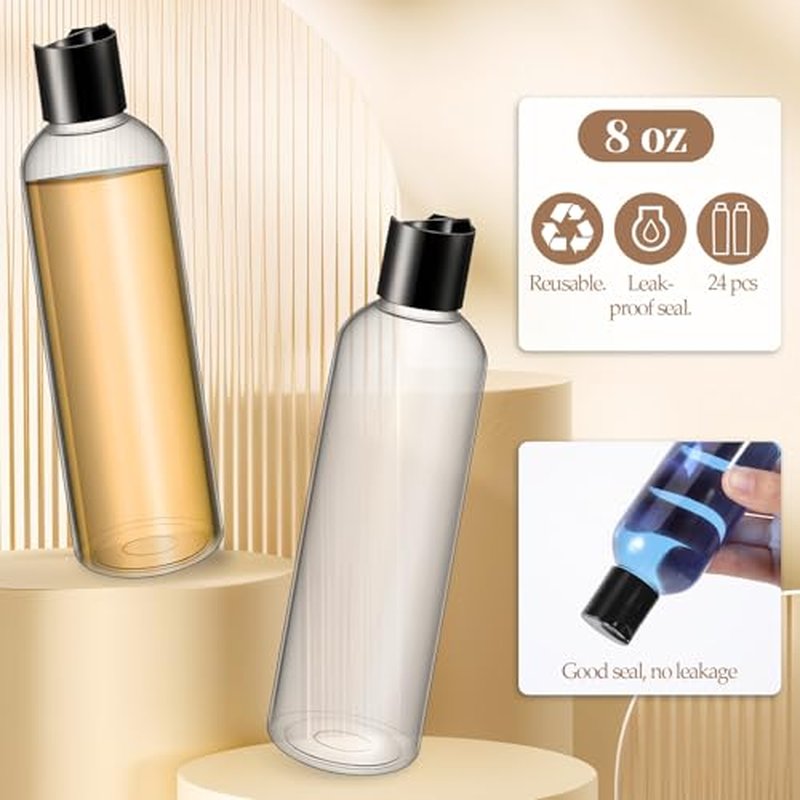 24 Pcs Refillable Shampoo Travel Bottles Travel Squeeze Bottle 8 oz Plastic Bottles with Black Disc Cap Clear Squeeze Containers for Toiletries Shampoo Lotion Body Soap Cream