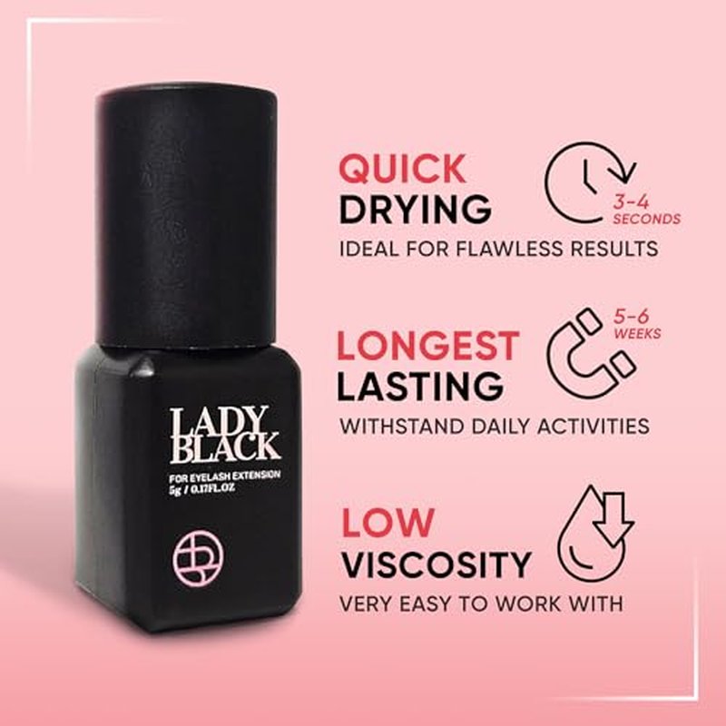 Lady Black Glue for Eyelash Extension 5ml, 3-4s Drying Time, 5-6 Weeks Retention, Black Strong Adhesive, Waterproof Lash Bond, Latex Free, Professional Use Only.