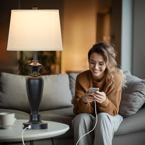 30-Inch Tall Set of 2 Black Touch Control Bedside Lamps with USB Ports & Outlets