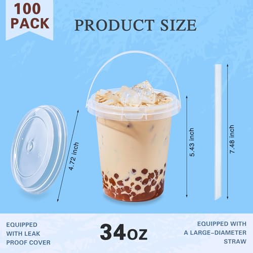 100 Pack 34oz Disposable Coffee Cups with Lids, Straws & Handles - Hot & Cold Drinks