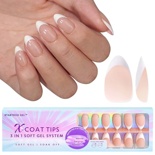 BTArtboxnails Soft Gel Nail Tips Builder Gel - XCOATTIPS French Series French Tip Press on Nails, Short Almond Press On Nails Long Lasting 15ml Builder Gel with Portable Nail Lamp