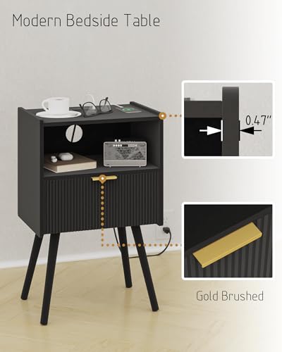 Nightstand with Outlet & Storage Drawer - Black, Modern Bedside Table with Open Shelf - Small Space Accent Table - Black-1