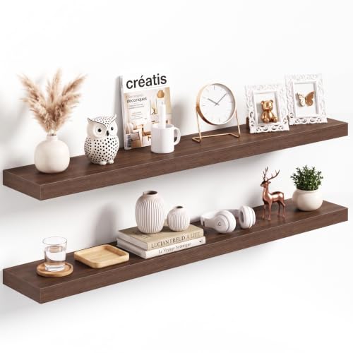 Acovy Walnut Floating Shelves Set of 2 48x8in Wall Mount Display Shelf Modern Design