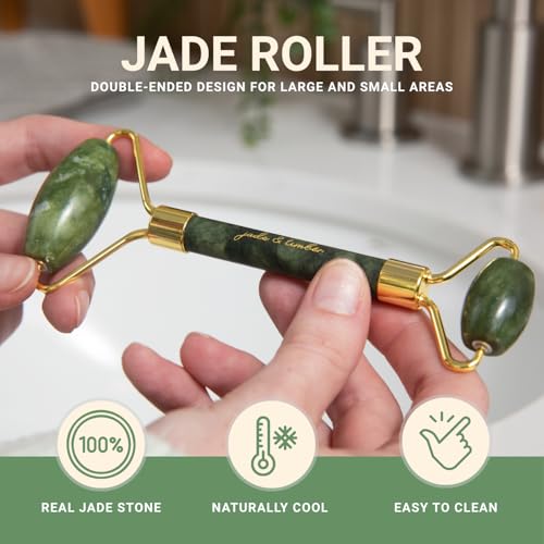 Jade & Timber Jade Roller & Green Sandalwood Gua Sha Set for Facial & Body Massage