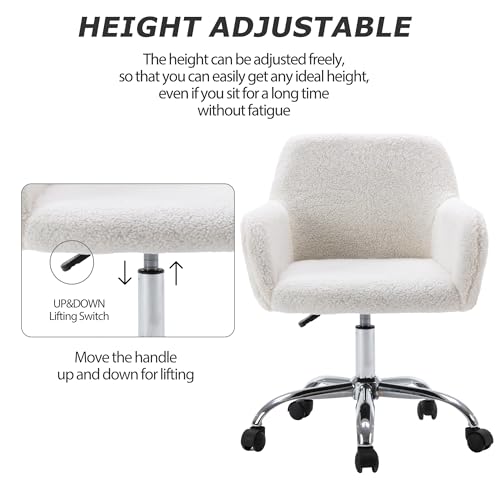 KCC Faux Fur Makeup Vanity Chair White Plush with Wheels and Adjustable Height