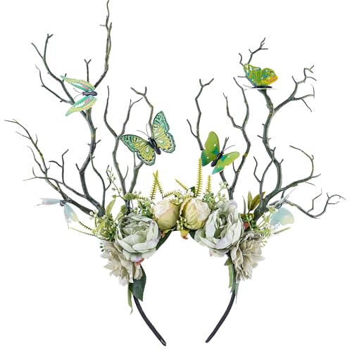 MOSTORY Green Butterfly Tree Headband - Handmade Woodland Floral Crown for Women