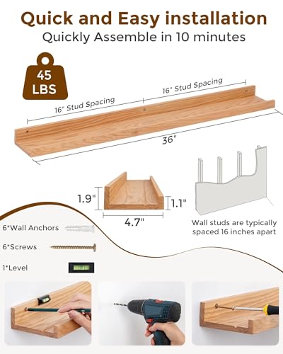Oak Picture Ledge Shelf Set - 36 Inch Floating Wall Shelves with Lip, Natural Oak, Set of 2