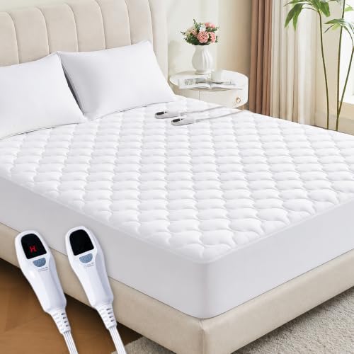 Queen Size Heated Mattress Pad with Dual Controls - Auto Shut Off & Fast Heating - White