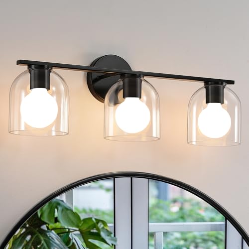 WOSHITU Matte Black Bathroom Vanity Light Fixture - 23.3 Inch 3-Light Over Mirror with Clear Glass Shade