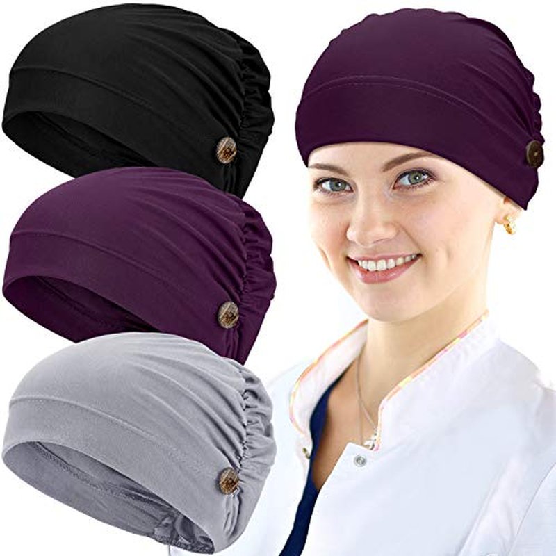 Geyoga 3 Pieces Bouffant Caps with Buttons Unisex Stretchy Headband Turban with Buttons for Women