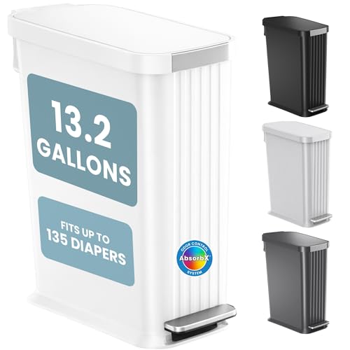 White 13 Gallon Step Diaper Pail with Odor Filter & Large Capacity – No Refills Needed
