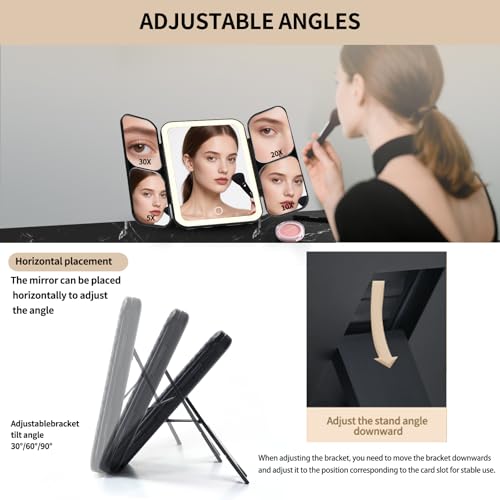 Junyaoxuan Black Tri-fold LED Vanity Mirror with 5X-30X Magnification, Touch Dimming Portable Makeup Mirror for Travel & Home