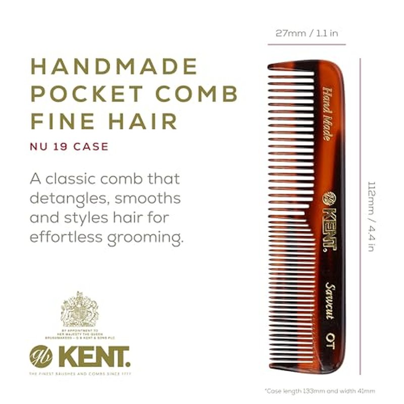 Kent NU19 Gift Set, with OT Fine Tooth/Wide Tooth Pocket Comb for Hair, Mustache and Beard for Men, Women and Kids. Travel Set with Leather Pouch and Stainless Steel Nail File. Handmade in England