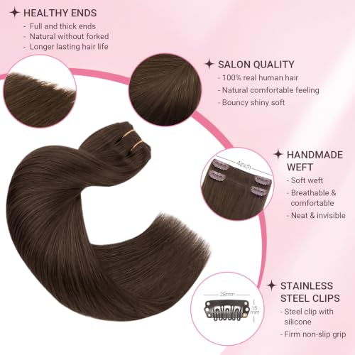 MAXITA Clip-In Human Hair Extensions N-#4A Chocolate Brown 16 Inch 60g 4PCS