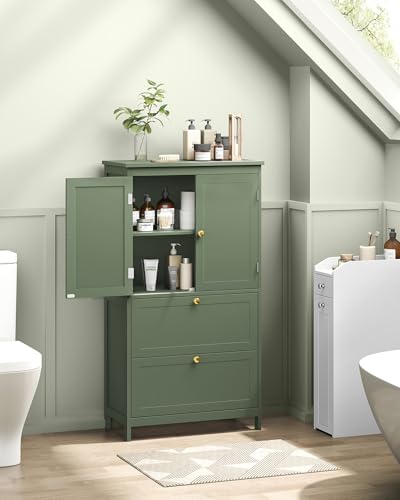 VASAGLE Bathroom Floor Cabinet with 2 Doors & 2 Drawers - Forest Green, Adjustable Shelves