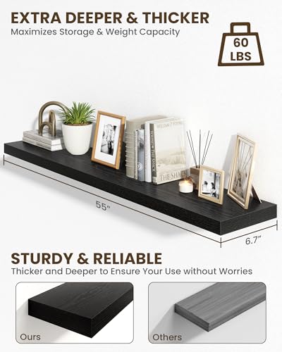 Black 55-inch Floating Wall Shelves Set of 2 with Invisible Brackets - Rustic Wood