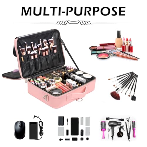Large Pink Travel Makeup Case Organizer with Adjustable Dividers & Shoulder Strap