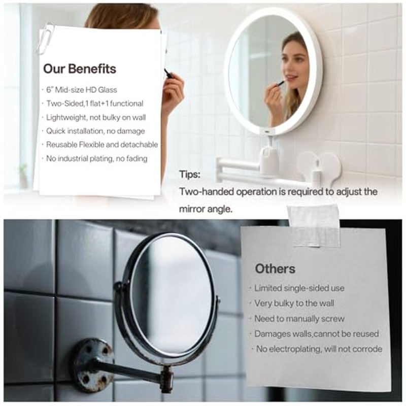 6" Led Wall Mounted Makeup Mirror Double Sided 1/10X, 1-Second Install Lightweight Compact Wall Mirror with Light, Rechargeable Extendable Magnifying Mirror for Bathroom, Wall Vanity Mirrors (1+10X)