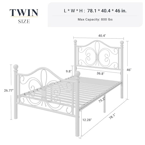 White Twin Metal Platform Bed Frame with Butterfly Pattern Design - Allewie
