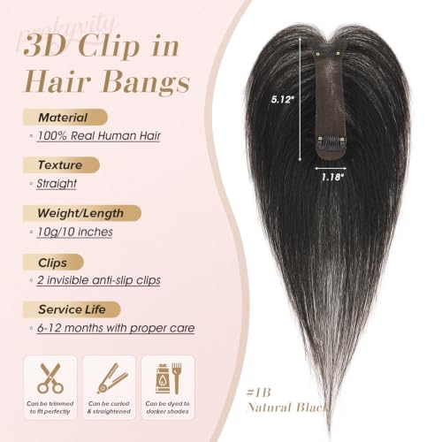 10 Inch Human Hair Toppers with Wisp Side Bangs Clip-in Full Cover Lace Base - Natural Black
