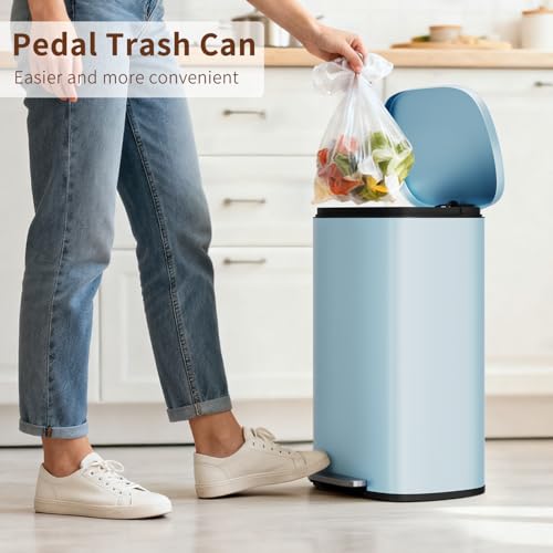 13 Gallon Stainless Steel Trash Can with Lid and Removable Inner Bucket - Blue