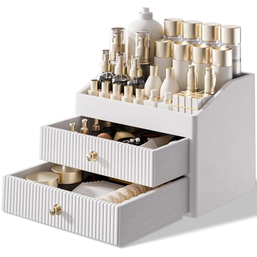 Makeup Organizer Countertop,Leather Makeup Storage with 2 Drawers,Large Capacity Beige White Make up Organizers for Counter,Bedroom,Bathroom,Birthday Gifts for Women