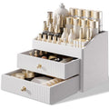 Makeup Organizer Countertop,Leather Makeup Storage with 2 Drawers,Large Capacity Beige White Make up Organizers for Counter,Bedroom,Bathroom,Birthday Gifts for Women