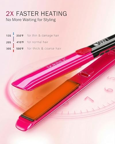 DORISILK 500°F High Temp Ceramic Flat Iron & Curling Iron - Hot Pink, 1 Inch, Dual Voltage