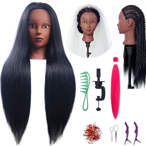 Mannequin Head for Hairdressing Training - 26-28 Inch Braiding Head with Synthetic Yaki Hair - Variation B