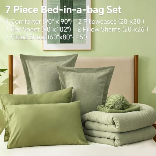 Queen Sage Green Comforter Set 7 Pieces - Linen Texture Bed in a Bag