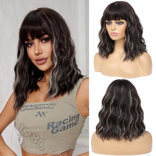 Veally Blonde Highlight Bob Wig with Bangs - Short Brown and Blonde, Natural Look, Synthetic Heat-Resistant Fiber, Variation: Brown Mixed Blonde